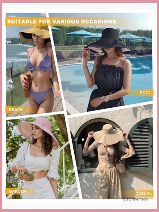 Wide Brim Reversible Bucket Hat for Women UV Protection Foldable Beach Sun Hat